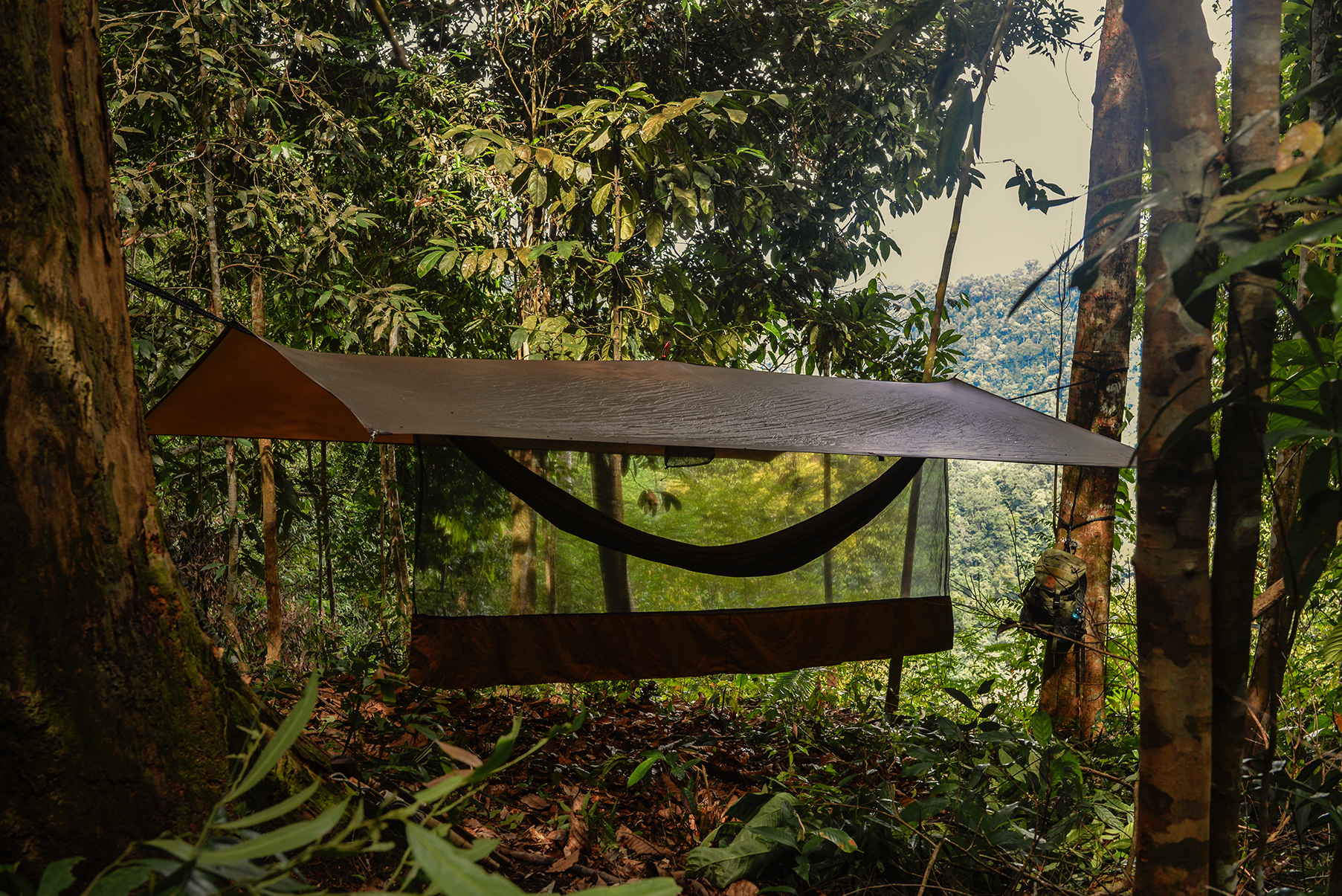 The Monsoon Sleep System set up in the forest - a hammock is strung under a mostuito net and nestled under a tarp.